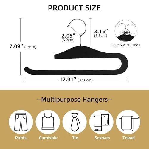 Velvet Pants Hangers, 10 Pack Non-Slip Open Ended Hangers with 360° Swivel Hook Slim Space Saving Jeans Hangers for Pants, Scarves, Ties, Towels, Black thumbnail 3