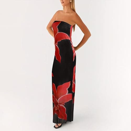 Women Floral Tube Maxi Dress with Scarf Summer Strapless Tube Bodycon Mesh Layer Cocktail Party Wedding Guest Dress thumbnail 4
