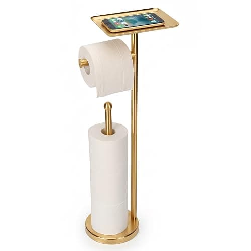 Gold Toilet Paper Holder with Shelf, Freestanding Tissue Holder Stand with Storage Space for Extra 4 Toilet Paper Rolls (Stainless Steel Base, Gold) - Image 1
