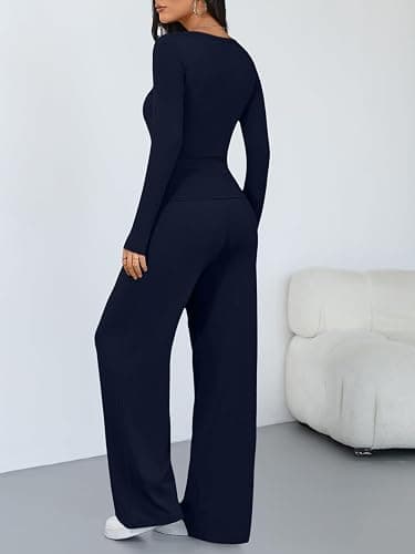 Trendy Queen Women's 2 Piece Matching Lounge Sets Long Sleeve Henley Neck Slightly Crop Top Wide Leg Pants Casual Sweat Suit thumbnail 4
