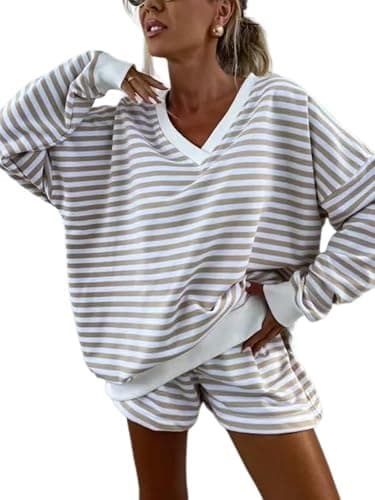 Melliflo Women 2 Piece Outfits Lounge Sets Striped Print Long Sleeve V Neck Sweatshirt and Shorts Set Fall Sweatsuit - Image 1