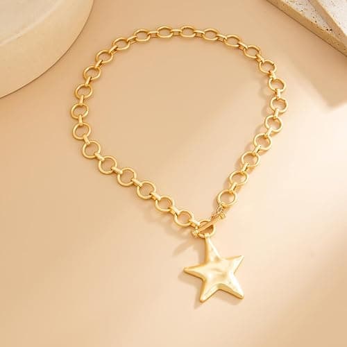 Sora Tuki Chunky Gold Necklace for Women Trendy Big Statement Necklace Large Thick Cuban Link Chain Toggle Necklace with Charm Sun North Star Pendant Necklace Silver Chunky Jewlery thumbnail 5