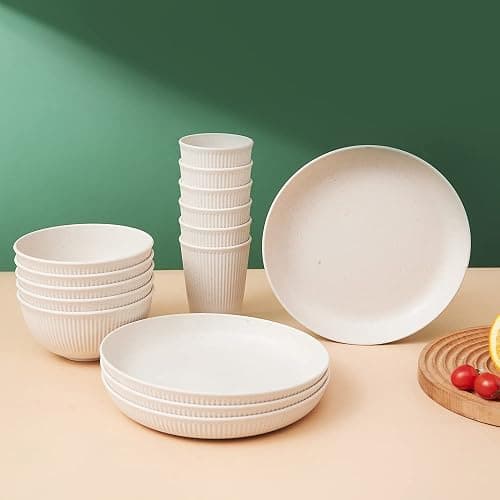 18pcs Wheat Straw Dinnerware Sets HXYPN Unbreakable Reusable Dinnerware Set Kitchen Cups Plates and Bowls Sets Dishwasher Microwave Safe Plates thumbnail 6