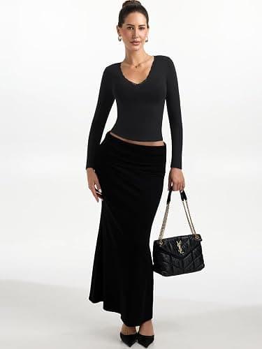 PINKMSTYLE Women Sexy V Neck Lace Long Sleeve Shirts Basic Fitted Double Lined Going Out Y2K Trendy Fall Tops thumbnail 3