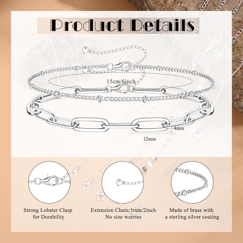 MILACOLATO 925 Sterling Silver Clasp Paperclip Chain Bracelets 14K White Gold Plated Solid Paperclip Chain Women Bracelet Adjustable Layered Satellite Beads Bracelets for Women thumbnail 2