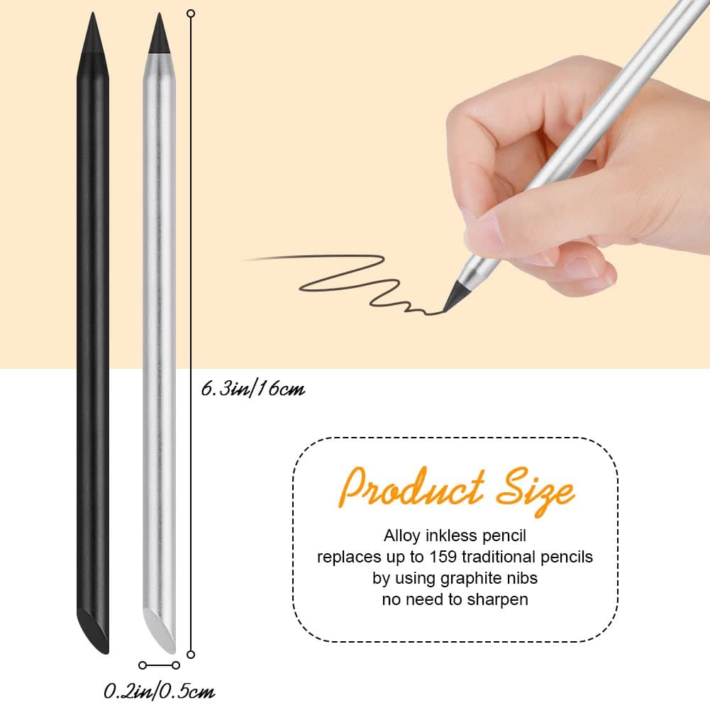 AUAUY Ink Free Pen, Portable Eternal Metal Pen, Interchangeable with 2 Spare Tips, for Writing, Home, Office, Drawing, Delivery, 2pcs (Black + Silver) thumbnail 6