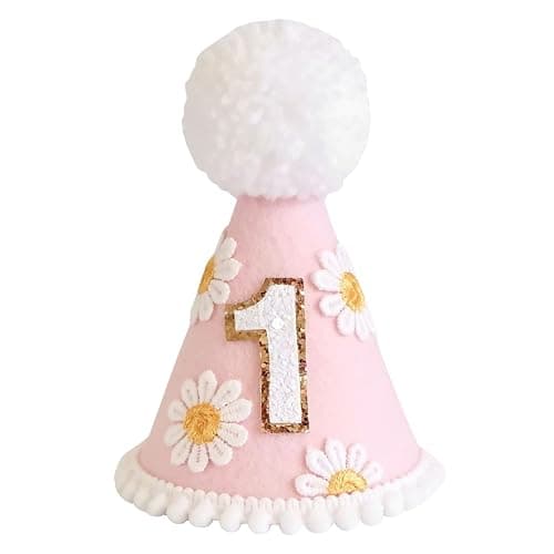 Yoolhamy 1st Birthday Hat for Baby Girls Boys, Boho First Birthday Hat, Handmade One Birthday Crown Conical Cap Decorations - Daisy Pink - Image 1