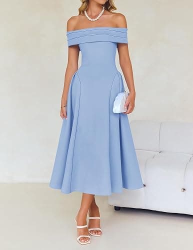 ZESICA Cocktail Dresses for Women's Elegant Off Shoulder Short Sleeve Swing A Line Wedding Evening Party Midi Dress thumbnail 8