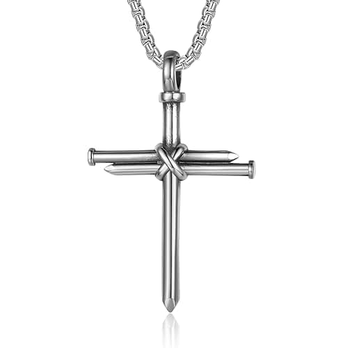 HattiDoris Nail Cross Necklace for Men Stainless Steel Chain 24inch 3 Nails Jesus Cross Pendant Christian Gifts for Dad 3 Colors - Image 1