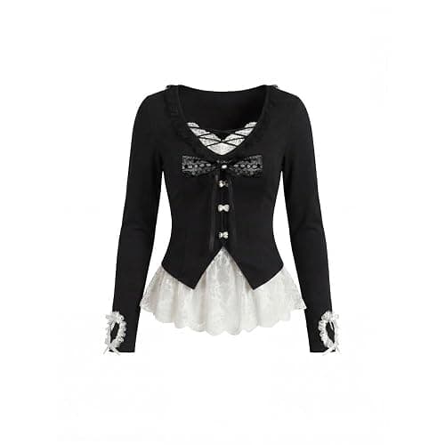 Xojbzoo Y2K retro skirt set black fake two-piece inner top and lace skirt fashionable casual set thumbnail 6