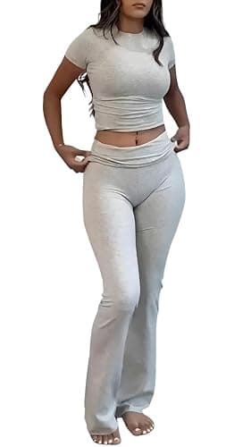 YETOWA Women's 2 Piece Lounge Outfits Slim Short Sleeve Tops Low Rise Flare Leggings Sets Yoga Sweatsuit - Image 1