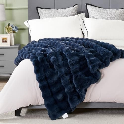 JONIYEAR Soft Fuzzy Bubble Faux Rabbit Fur Throw Blanket for Couch 50" x 60", Reversible Textured Fluffy Warm Thick Blanket for Winter,Luxury Cozy Puffy Shaggy Comfy Furry Blankets for Sofa, Navy Blue thumbnail 9