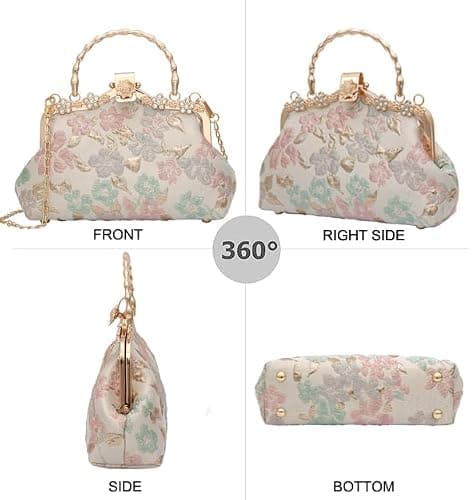 YeBon Retro Shoulder Chain Messenger Clutch Chinese Style Crane Embroidered Jacquard Women's Evening Bags (Golden Pink Flower) - K Pink Flower thumbnail 4