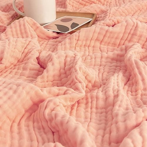 EMME Cotton Muslin Blanket Throw Blankets for Couch Bed Breathable Gauze Blanket All Season Soft and Lightweight Pre-Washed Cotton Blanket (Pink, 50"x70") - Image 1
