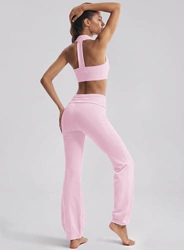 Panadila Women 2 Piece Yoga Sets Pilates Bra and Leggings | Halter Sports Bra, Fold Over Flare Leggings, Matching Workout Set, Athletic Clothing Sets, Gym Outfits, Activewear Pants Set thumbnail 3