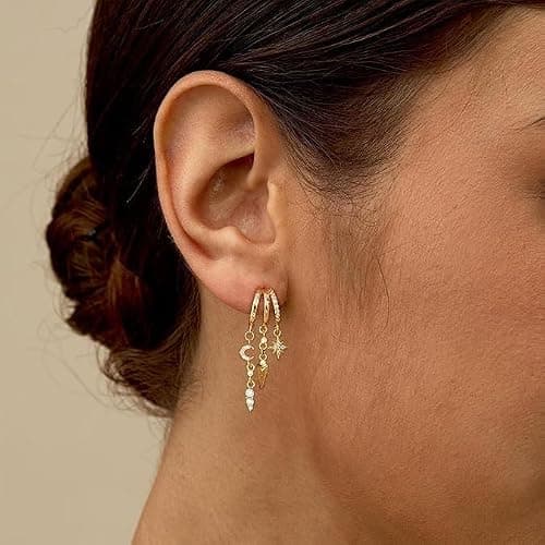 Gold Dangle Earrings Stack for Women Trendy, Dainty 14K Gold Plated Hypoallergenic Triple Huggie Moon and Star Celestial Small Hoop Drop Earrings Cute Statement Valentine Earrings Jewelry aretes de mujer thumbnail 3