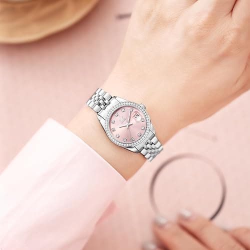 SHENGKE Women's Crystal Accented with Solid Alloy Steel Band Watch Elegant Dress Quartz Calendar Watches for Women thumbnail 3