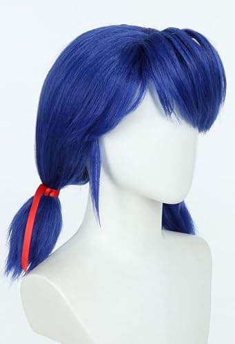 Micotaku Miraculous Ladybug Officially Licensed Blue Wig Short Pigtail Anime Halloween Cosplay Wig with Red Ribbon thumbnail 2
