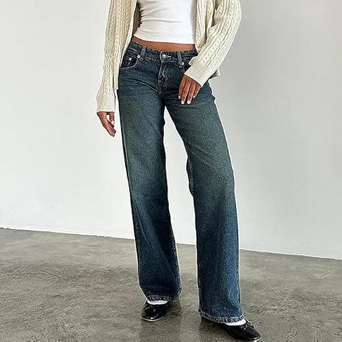 Women's Y2k Low Rise Baggy Jeans Washed Straight Wide Leg Denim Pants Casual Loose Vintage Fit Boyfriend Jean Denim Pants thumbnail 2