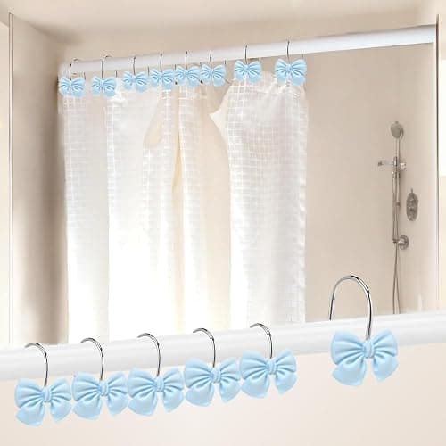 12 Soft Light Blue Shower Curtain Hooks with Bow Design - Spa Style Bathroom Decor for Coastal and Contemporary Homes, Girls Rooms thumbnail 5