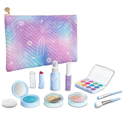 Pretend Makeup Kit for Girls, 11 Pcs Kids Cosmetic Pretend Play Beauty Make Up Set, Not Real Eye Shadow Blush Palette Lipstick wit Hand Bag, Blue - Image 1