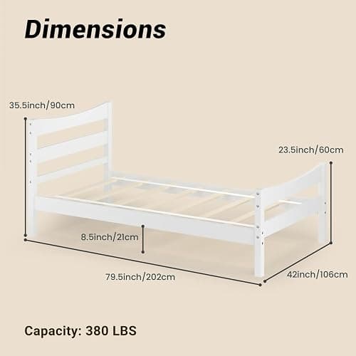 NAFORT Twin Bed Frame with Headboard/Wood Twin Size Platform Bed Frame/Wood Slat Support/Mattress Foundation/No Box Spring Needed/Easy Assembly - White, Twin thumbnail 2