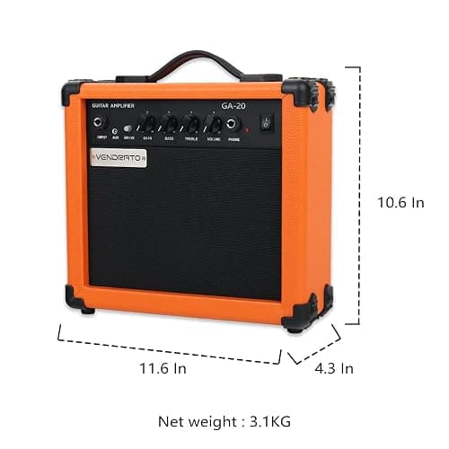 Electric Guitar Amplifier 20w amp Orange Color gain bass Treble 3.5mm aux in Drive 6.5mm Guitar Input Headphone Portable for Beginner Starter Practice Travel amp noiseless Cable Pick and Adapter in thumbnail 2