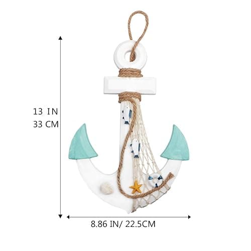 Meching 2 Pack 11" Nautical Beach Wooden Ship Wheel and 13" Wood Anchor with Rope Nautical Boat Steering Wheel Rudder Anchor Wall Decor Door Hanging Ornament Beach Theme Home Decoration(White&Green) thumbnail 3
