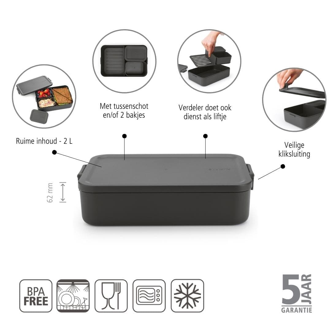 Brabantia Make & Take Lunch Box Bento, Lunch Container, Dark Grey, 2L thumbnail 2