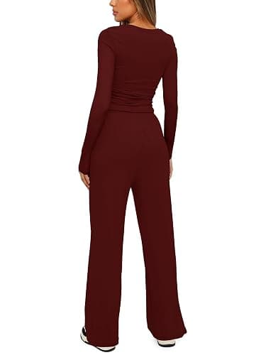 Darong Women's 2 Piece Outfits Lounge Sets 2025 Long Sleeve Crop Tops Wide Leg Pants Casual Matching Set thumbnail 2