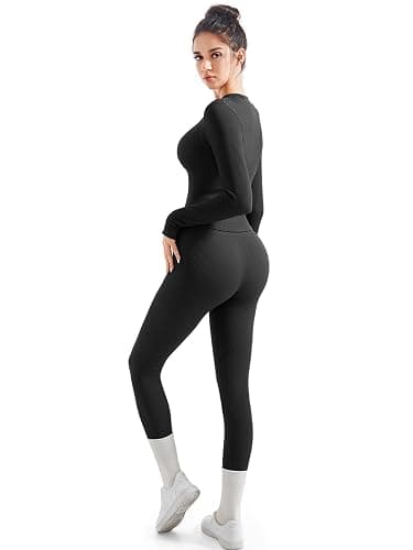 SUUKSESS Women 2 Piece Seamless Ribbed Workout Sets With Zip Up Jacket High Waisted Gym Yoga Leggings thumbnail 4