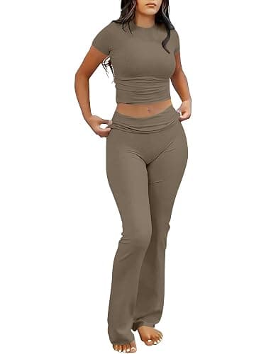 ANRABESS Lounge Sets for Women 2 Piece Foldover Yoga Flare Leggings Pants Crop Tops Casual Y2K Outfits Matching Tracksuit Set - X-Small - Coffee Grey - Image 1