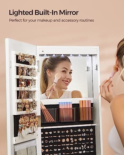 SONGMICS LED Jewelry Cabinet Standing, Lockable Armoire With Full-Length Mirror and Adjustable Lights, Space-Saving Organizer, Gift Idea, Cloud White UJJC008W01 thumbnail 7