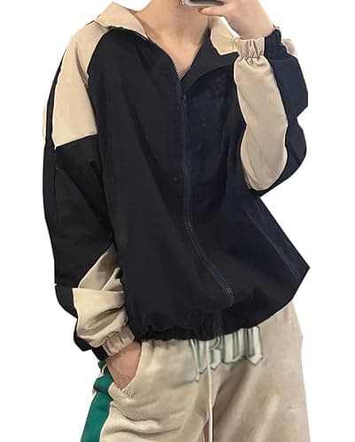 Minetom Damen Patchwork Farbblock Oversize Hip Hop Jacke Teenager Mädchen Mantel Sport Übergangsjacke Windbreaker College Jacke Sweatjacke thumbnail 2