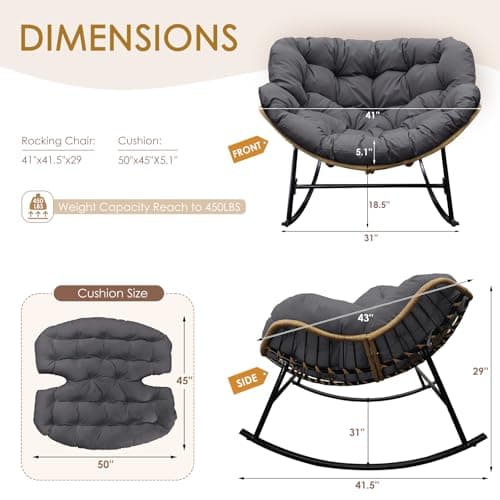 NICESOUL Outdoor Papasan Rocking Chair with Cushion, All-Weather Patio Egg Rocker, Oversized Rattan Glider for Reading & Relaxing, Large Comfy Recliner Lounge Chairs for Balcony Garden Backyard, Grey thumbnail 2