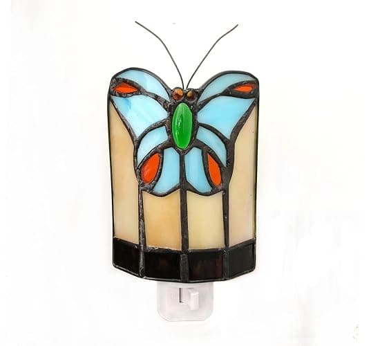 HUIMEIJU Tiffany Butterfly Colored Glass Wall Insert Night Light, Handmade Art Glass Room Light thumbnail 2