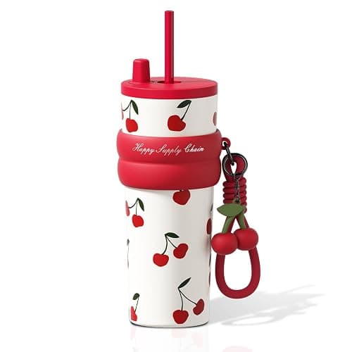 SDGA+ 24 oz Stainless Steel Tumbler with Lid and Straw, Insulated Water Bottle Leak Proof for Hot and Cold, Portable Travel Coffee Mug, Reusable Coffee Cup for Women, Cherry - Image 1