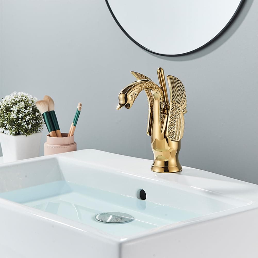 Llaves Para Lavabo Baño Grifo Para Baño Latón Mezcladora Para Lavabo De Baño Estilo Antiguo De Un Solo Mango, Grifo De Fregadero De Baño Agua Caliente Y Fría Ajustable, Con 2 Manguera, Oro thumbnail 3