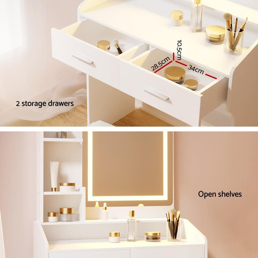 Artiss Dressing Table, LED Mirror Makeup Stool Set Wooden Vanity Desk Chair, Home Bedroom Furniture Girls Kids Women Organisers, Drawers Shelves Wide Tabletop White thumbnail 3