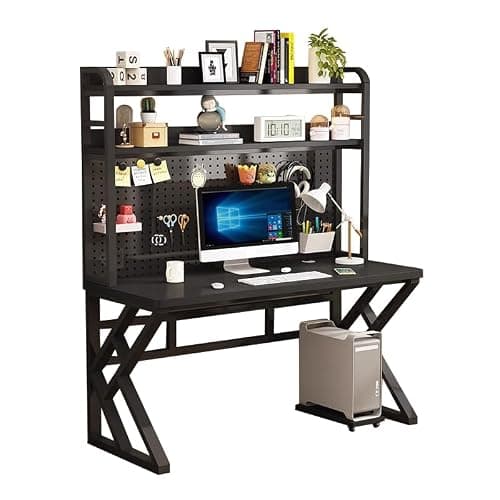 XXHOFTPJZ 47.2in Computer Desk with Pegboard, Gaming Desk with Storage Shelves, PC Gamer Workstation Desk, Modern Study Writing Table for Home Office Bedroom (Black, 47.2in/120cm) - Black - 47.2in/120cm - Image 1