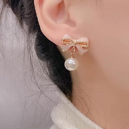Gold Bow Earrings for Women, Long Tassel Chain Drop Earrings, Trendy Small Bow Earrings, Ribbon Waterfall Dangling Earrings, Pearl Bow Earrings, Sparkly Elegant Bowknot Preppy Jewelry Gifts for Women thumbnail 9