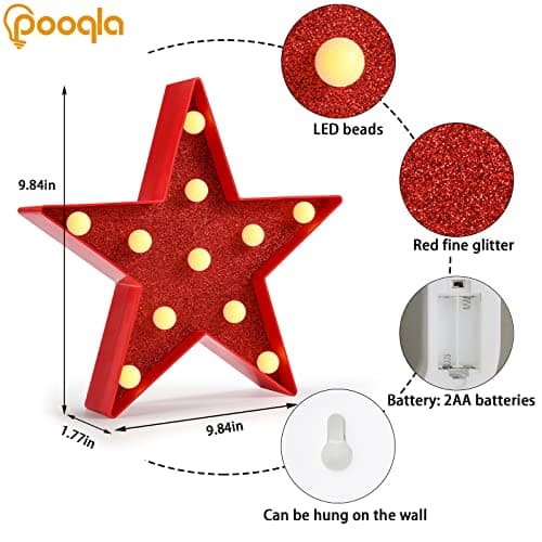 Pooqla Star Marquee Lights, Glitter LED Marquee, Red Light Up Star - Battery Powered Night Light for Birthday Party, Wedding, Christmas Decoration thumbnail 6