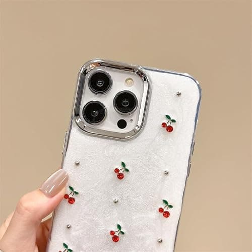 Cute Case for iPhone 15,Red Cherry Pearls with Phone Charm Chain,Pearlized Fruit Case for Women Girls Designed Shockproof thumbnail 9