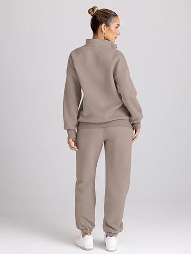 Trendy Queen Womens 2 Piece Outfits Long Sleeve Sweatsuits Half Zip Sweatshirts with Fleece Joggers Sweatpants - Coffeegrey - Large thumbnail 4