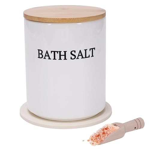 Qinpufu 64 oz Bath Salt Jar Set, Ceramic Bath Salt Container with Scoop & Mat, Epsom Salt Storage with Airtight Wooden Lid, Modern Minimalist Bathtub Accessories for Women Bathtub Decor, White - Image 1