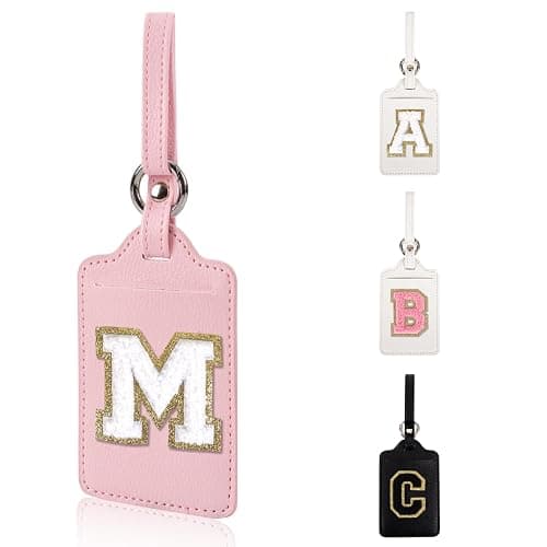 Personalized Initial Luggage Tags for Suitcases, Leather Chenille Letter Cute Luggage Tags with Privacy Name Card, Embroidered Travel Bag Backpack Tag Gifts for Women Kids Girls Teens(Pink-M) - Image 1
