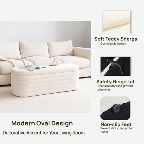 OuchTek Teddy Sherpa Storage Ottoman Bench, Modern Upholstered Window Bench with Safety Hinge Lid, Oval White Ottoman for Living Room, Bedroom End of Bed thumbnail 5