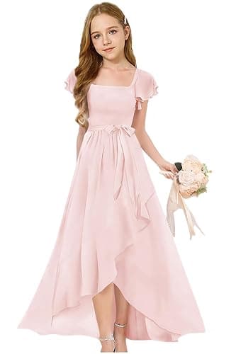 Augday Short Sleeves Junior Bridesmaid Dresses for Wedding Chiffon Flower Girl Dress for Wedding Party Pageant Gown thumbnail 5