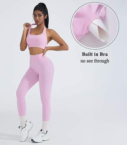 OMKAGI 2 Piece Workout Sets for Women Halter Sports Bras Gym Sets Booty Leggings Outfits thumbnail 3