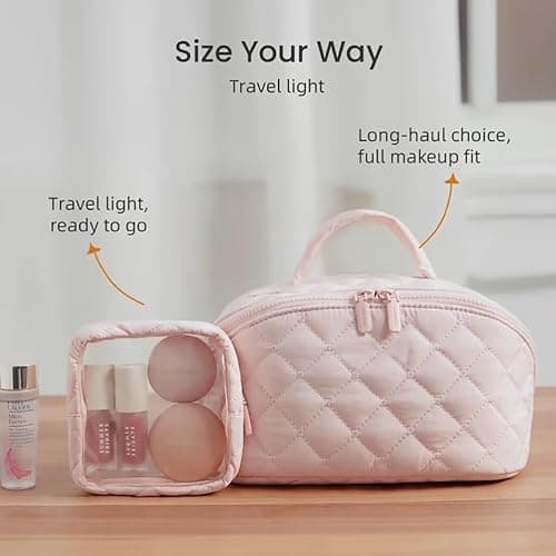 Makeup Bag for Woman, Wide Open Lay-Flat Water-Resistant Cosmetic Case, Festivalment Makeup Bag, Spacious 180° Open Cosmetic Organizer for Toiletries & Brushes Large Capacity with Compartments (Pink) thumbnail 4